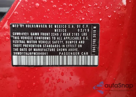 2015 Volkswagen Jetta Se z USA, uszkodzony, nr VIN 3VWD17AJ6FM304841